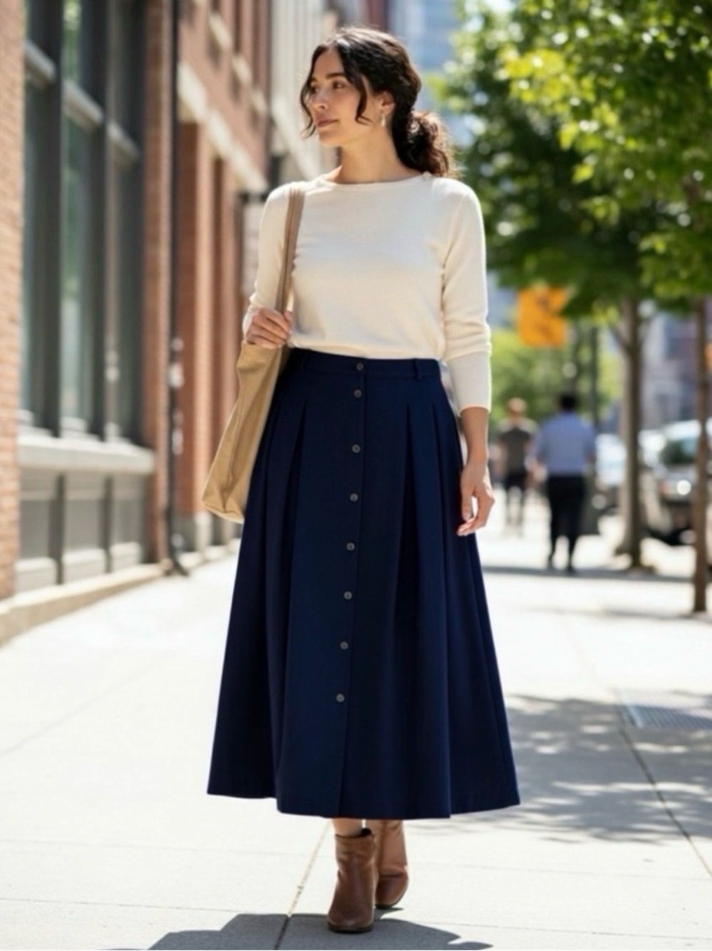 VINTAGE Classic Navy Button-Front Midi Skirt - Women's